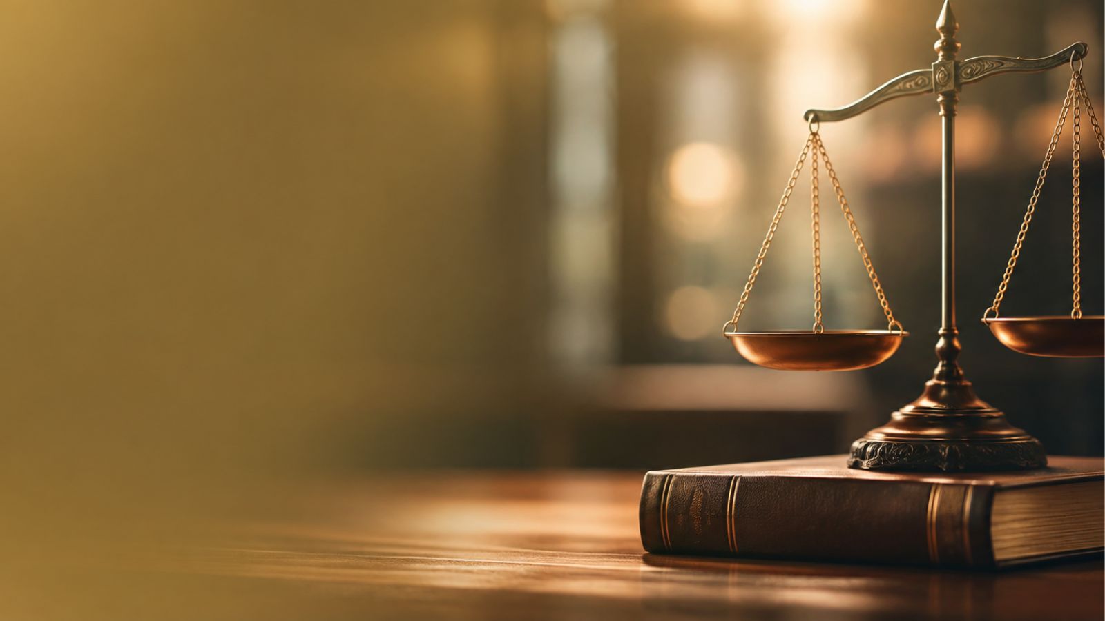Balança da justiça dourada sobre mesa de escritório de advocacia escura, martelo de juiz ao fundo desfocado, paleta preto e dourado, iluminação dramática lateral, fotografia profissional de still life jurídico